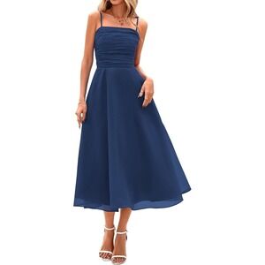 PrettyGarden Women's Spaghetti Strap Flowy Midi Dress w/ Pockets - Navy Blue - S